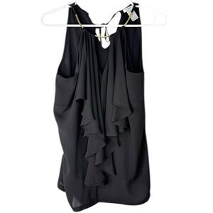Caché Black Ruffle Front Blouse with Gold Hardware Size Medium